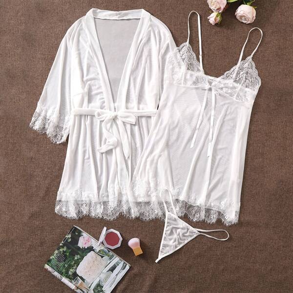

3pack Plus Contrast Lace Lingerie Set With Robe, White