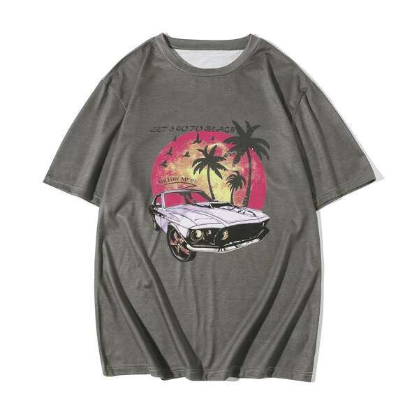 

Men Car And Tropical Print Tee, Dark grey