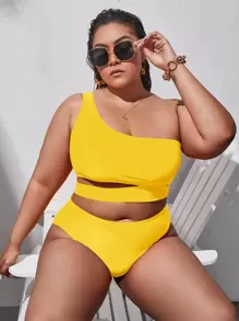 Swim Lushoire Conjunto de bikini de talla grande con parte superior de un hombro recortada y bottom de talle alto, traje de baño de 2 piezas - Amarillo - Ver 1