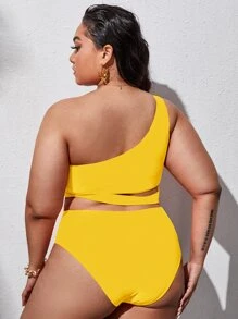 Swim Lushoire Conjunto de bikini de talla grande con parte superior de un hombro recortada y bottom de talle alto, traje de baño de 2 piezas - Amarillo - Ver 2