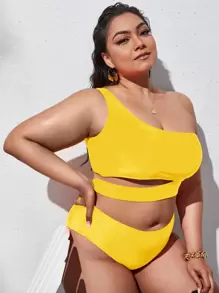 Swim Lushoire Conjunto de bikini de talla grande con parte superior de un hombro recortada y bottom de talle alto, traje de baño de 2 piezas - Amarillo - Ver 3