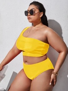 Swim Lushoire Conjunto de bikini de talla grande con parte superior de un hombro recortada y bottom de talle alto, traje de baño de 2 piezas - Amarillo - Ver 4