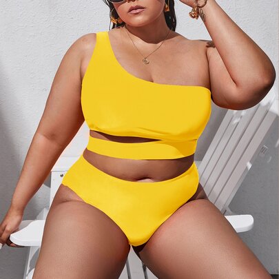 Plus Cut Out One Shoulder Bikini Swimsuit