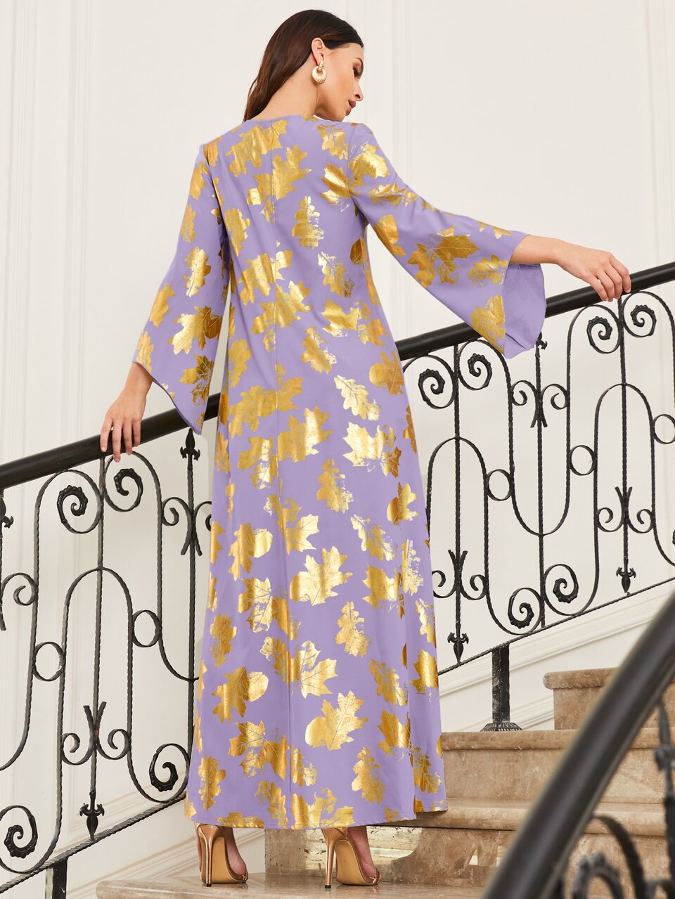 Bell Sleeve Notched Neck Leaf Print Dress