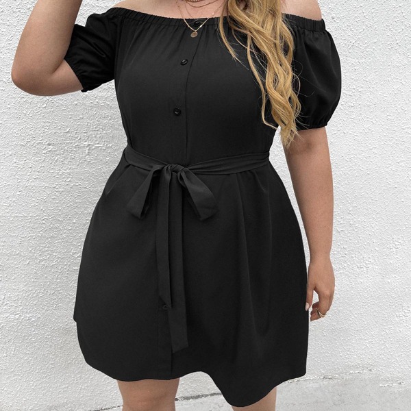 

Plus Solid Belted Bardot Dress, Black