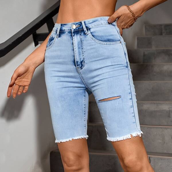 

Ripped Raw Hem Biker Denim Shorts, Light wash