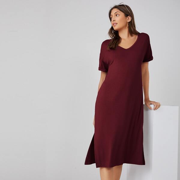 

Roll Up Sleeve Split Hem Tee Dress, Burgundy