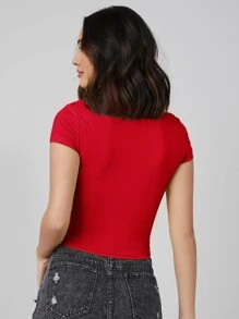 SHEIN BASICS 盖袖纯色短款上衣 - 紅色 - 查看 2