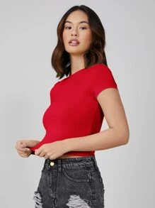 SHEIN BASICS 盖袖纯色短款上衣 - 紅色 - 查看 3