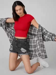SHEIN BASICS 盖袖纯色短款上衣 - 紅色 - 查看 4