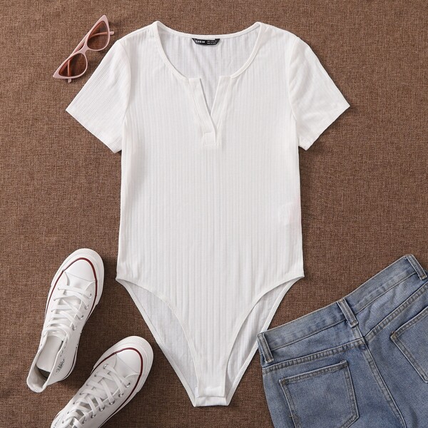 

Notched Neck Rib-knit Bodysuit, White