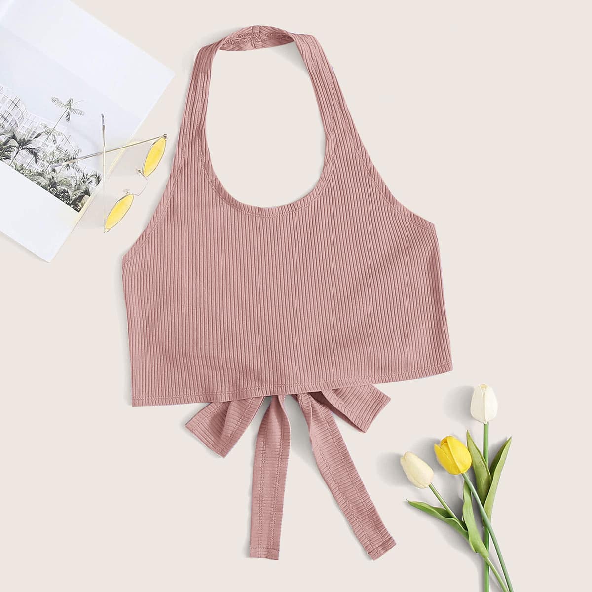 

Solid Tie Back Halter Ribbed Crop Top, Dusty pink