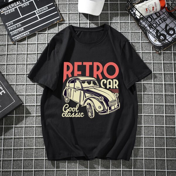

Men Letter And Car Print Tee, Black