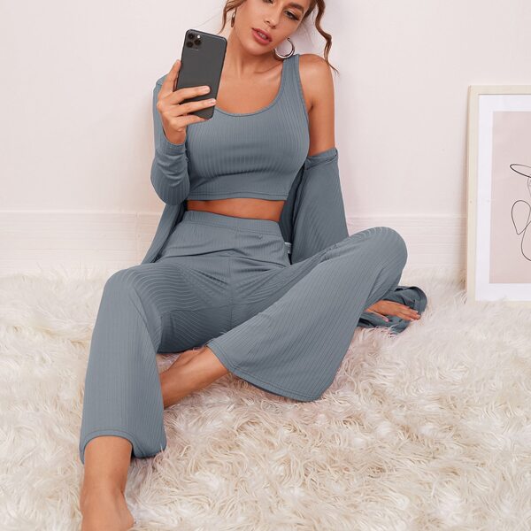 

3pcs Solid Ribbed Tank Top & Pants & Robe Set, Dusty blue