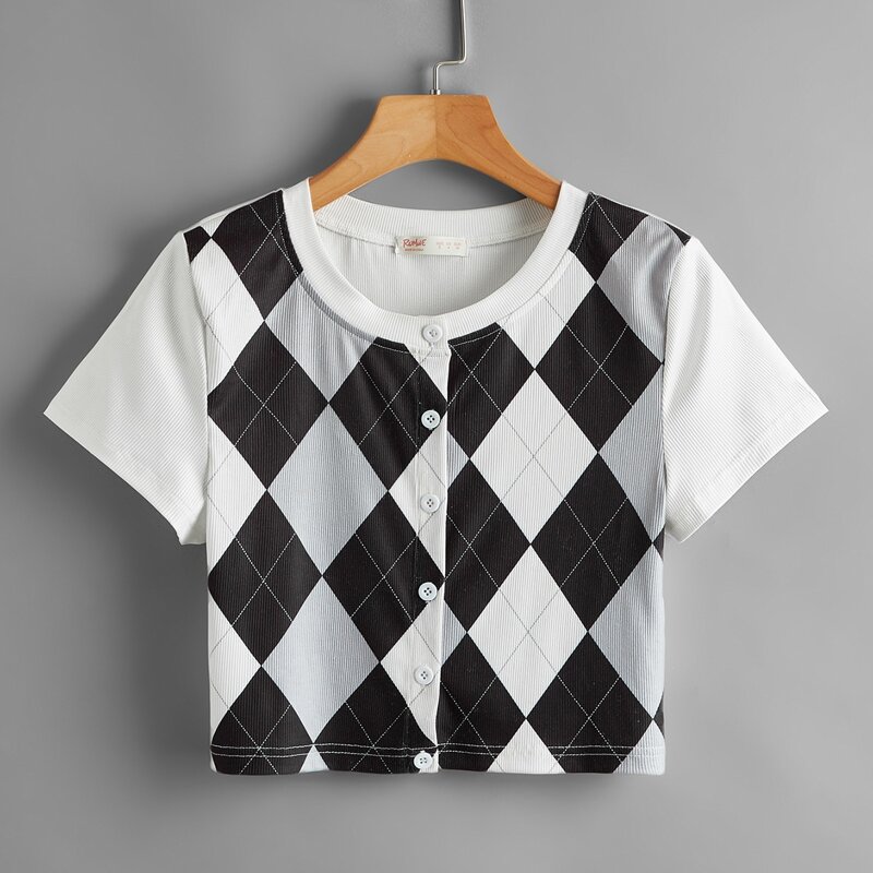 

Argyle Pattern Button Front Tee, Multicolor