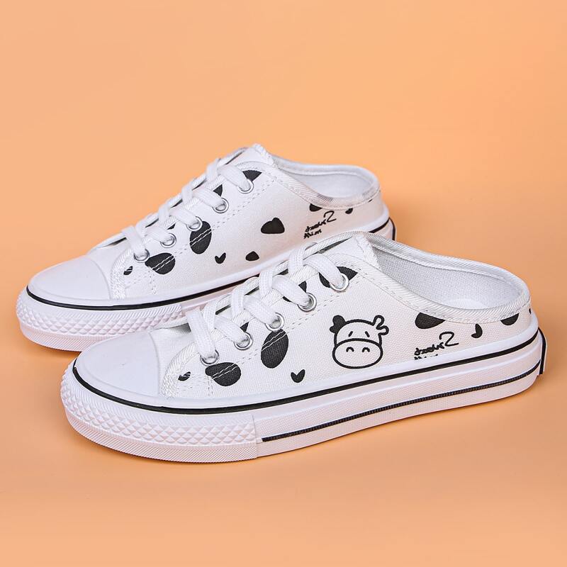 

Cartoon Cow Lace-up Canvas Sneaker Mules, White