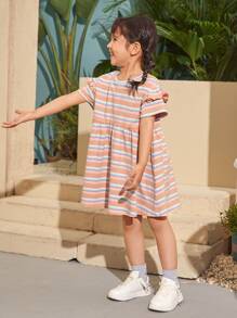 SHEIN Vestido Con Detalles De Volante Y Rayas Para Niñas Pequeñas Con Hombros Caídos - Multicolor - Ver 3