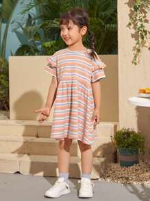 SHEIN Vestido Con Detalles De Volante Y Rayas Para Niñas Pequeñas Con Hombros Caídos - Multicolor - Ver 4