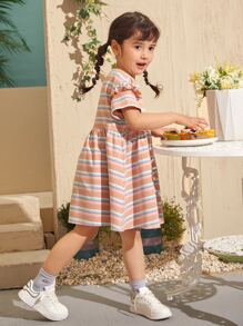 SHEIN Vestido Con Detalles De Volante Y Rayas Para Niñas Pequeñas Con Hombros Caídos - Multicolor - Ver 5