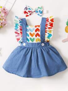 女婴心形拼接荷葉邊A字型連衣裙帶髮帶 - 彩色 - 查看 1