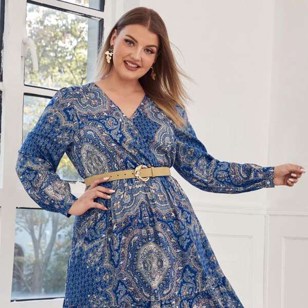

Plus Surplice Front Ruffle Hem A-Line Dress Without Belt, Blue