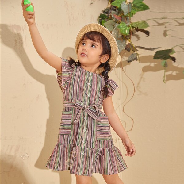 

Toddler Girls Ruffle Armhole Patch Pocket Belted Striped Smock Dress, Multicolor