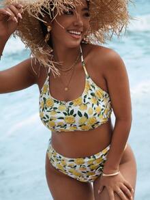 Plus Size Floral Halter High Waisted Bikini Set Summer Beach - Multicolor - View 3