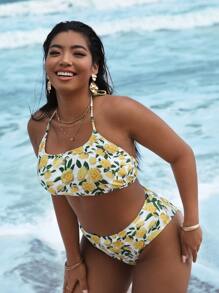 Plus Size Floral Halter High Waisted Bikini Set Summer Beach - Multicolor - View 4