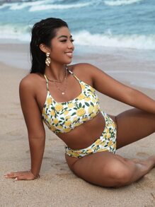 Plus Size Floral Halter High Waisted Bikini Set Summer Beach - Multicolor - View 5