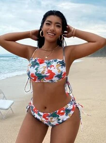 Conjunto de bikini con cordón lateral en tinte anudado, talla grande, para playa de verano - Multicolor - Ver 4