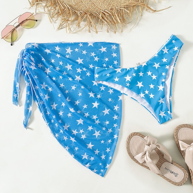 

Solid Bikini Panty With Star Print Beach Skirt, Baby blue
