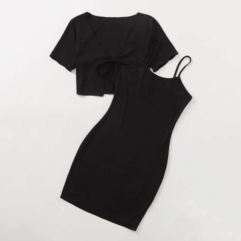 

Solid Tie Front Top & Cami Dress, Black