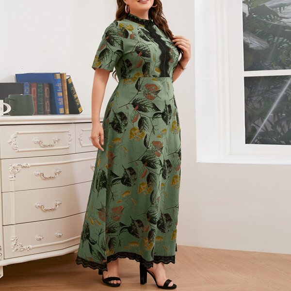 

Plus Leaf Print Lace Panel A-line Dress, Army green