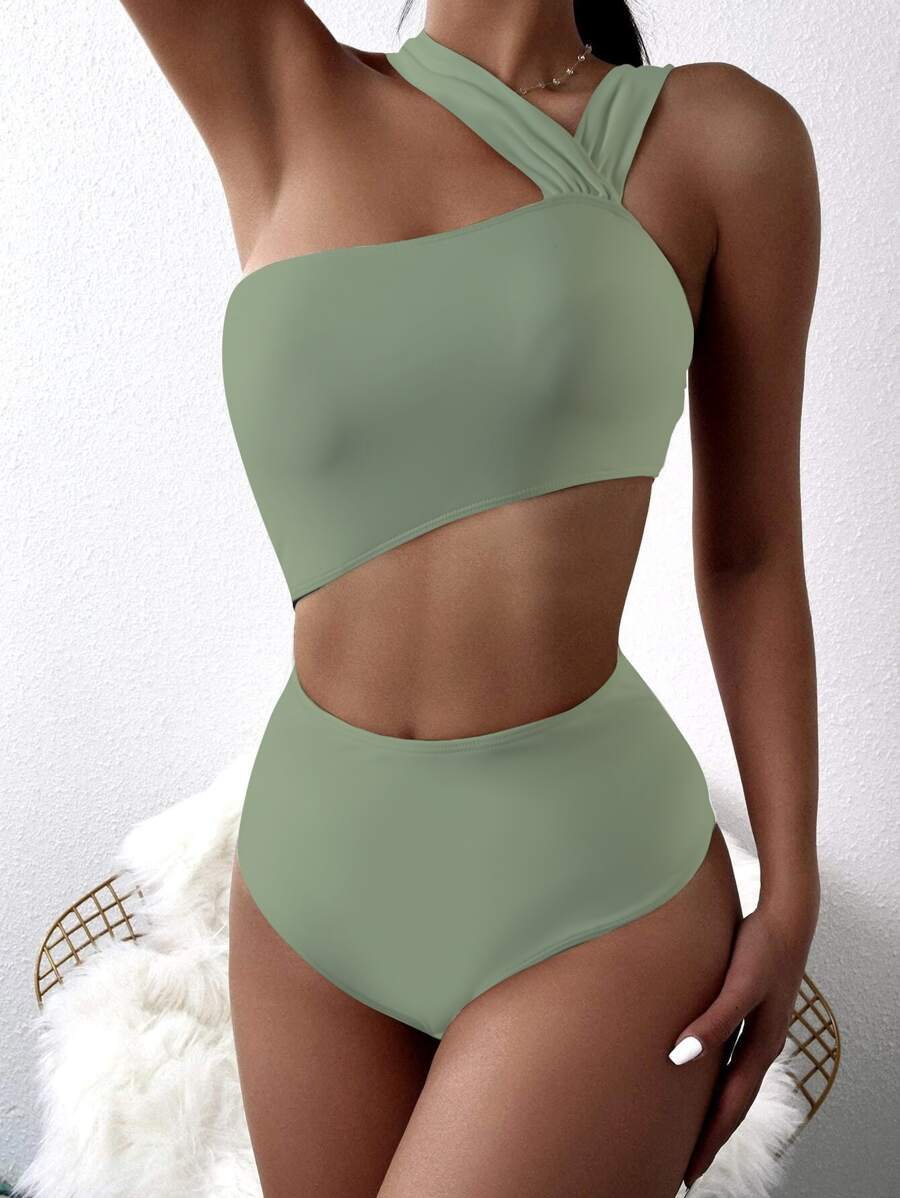 Cut-Out Waist One Piece Swimsuit, For Summer Beach Vacation - Army Green - View 1