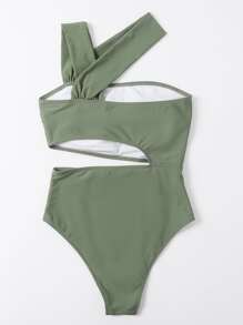 Cut-Out Waist One Piece Swimsuit, For Summer Beach Vacation - Army Green - View 2