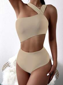 Cut-Out Waist One-Piece Swimsuit, For Summer Beach Vacation - Champagne - View 1