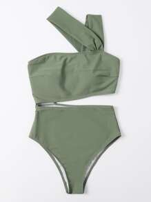 Cut-Out Waist One Piece Swimsuit, For Summer Beach Vacation - Army Green - View 3