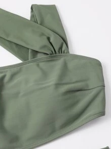 Cut-Out Waist One Piece Swimsuit, For Summer Beach Vacation - Army Green - View 4