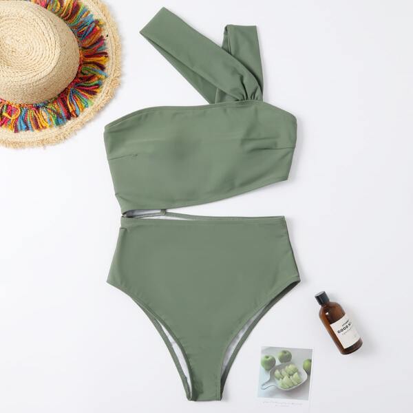 

Cut-out Waist One Piece Swimsuit, Army green