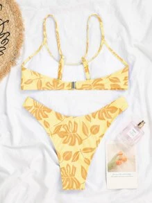Conjunto de bikini con estampado tropical aleatorio, para vacaciones en la playa de verano - Amarillo - Ver 2