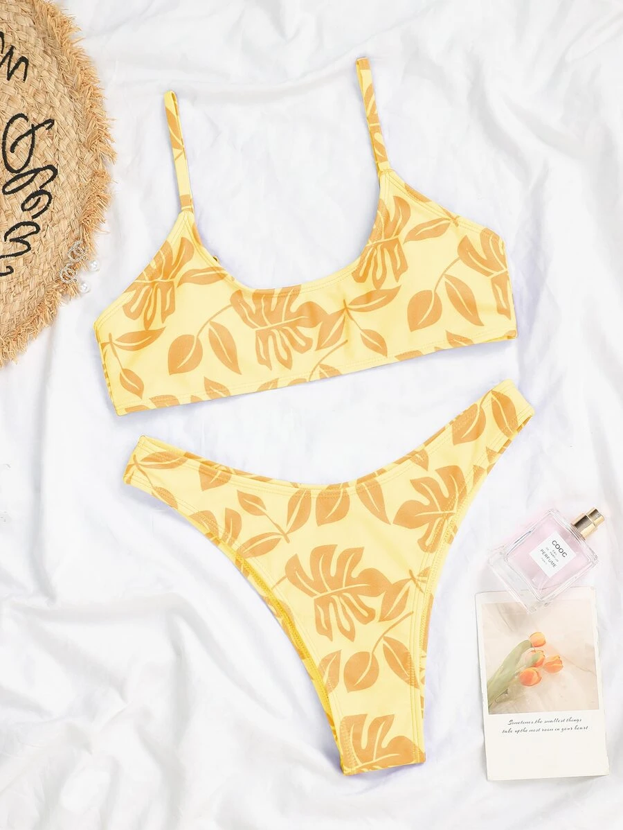 Conjunto de bikini con estampado tropical aleatorio, para vacaciones en la playa de verano - Amarillo - Ver 1