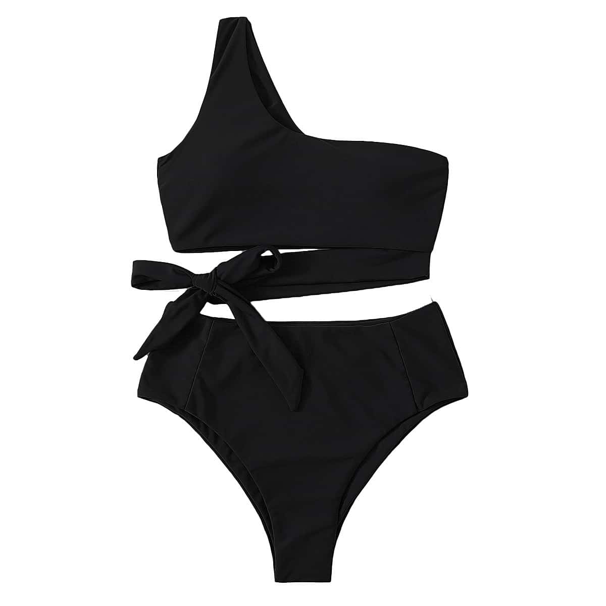 

Knot Side One Shoulder Bikini Swimsuit, Black