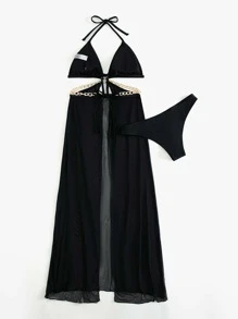 SHEIN Swim Summer Beach Contrast Mesh Chain & Ring Linked Cut-Out Bikini Swimsuit - Black - View 2