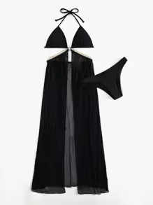 SHEIN Swim Summer Beach Contrast Mesh Chain & Ring Linked Cut-Out Bikini Swimsuit - Black - View 3