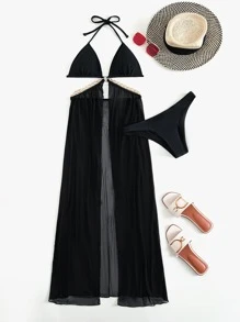 SHEIN Swim Summer Beach Contrast Mesh Chain & Ring Linked Cut-Out Bikini Swimsuit - Black - View 5