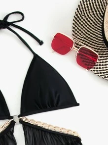 SHEIN Swim Summer Beach Contrast Mesh Chain & Ring Linked Cut-Out Bikini Swimsuit - Black - View 6