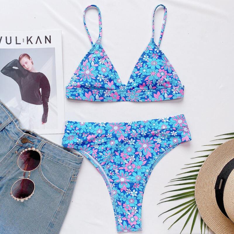 

Floral Random Print V Neck Bikini Swimsuit, Blue