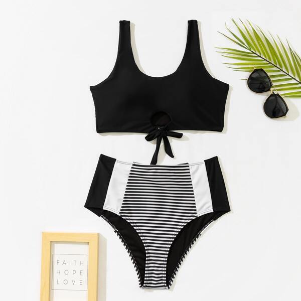 

Striped Knot Hem High Waisted Bikini Swimsuit, Black