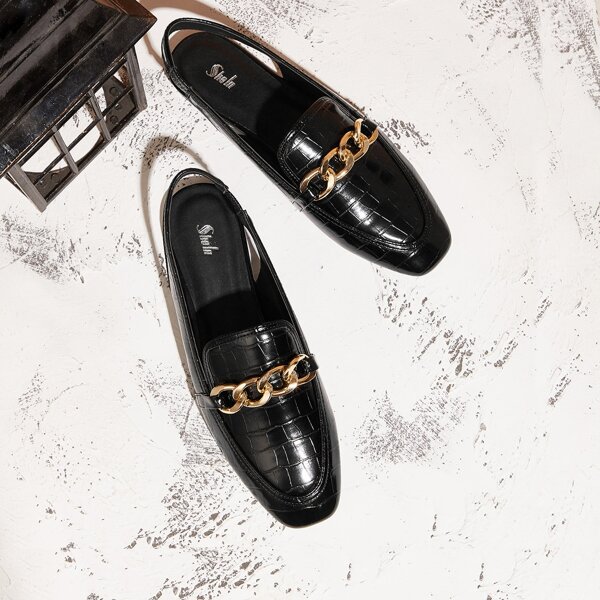 

Chain Decor Slingback Flats, Black