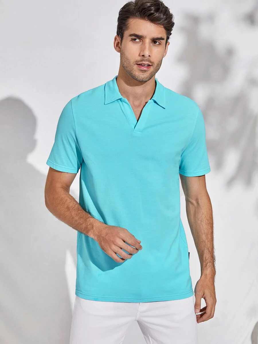 Manfinity Men Neon Blue Collared V-neck Solid Polo Shirt - Mint Blue - View 1